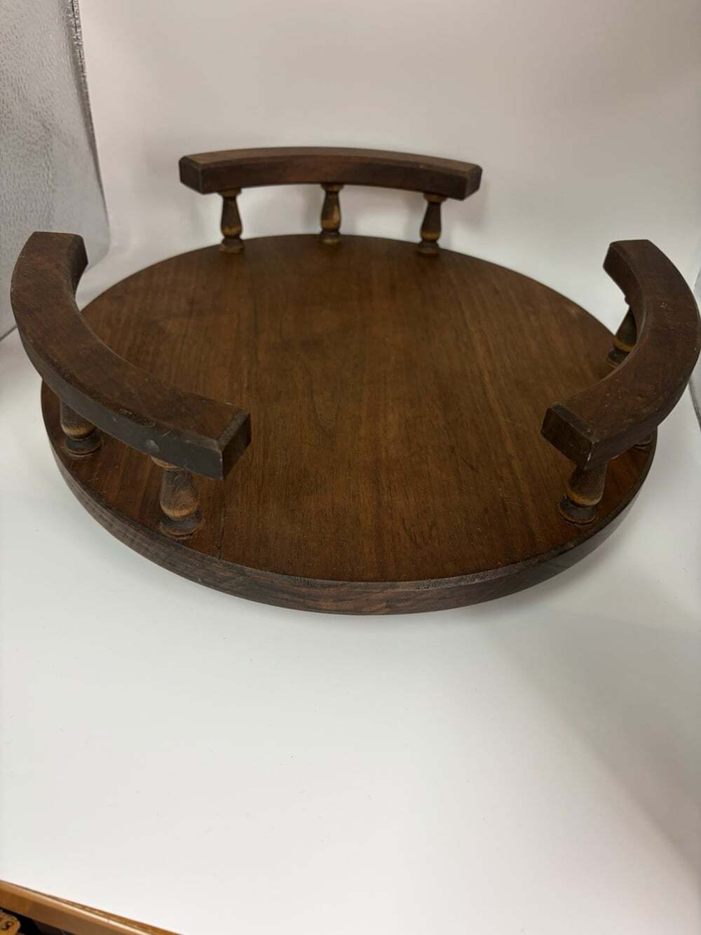 Vintage Wood Lazy Susan With Spindled Sides 12” X 4”